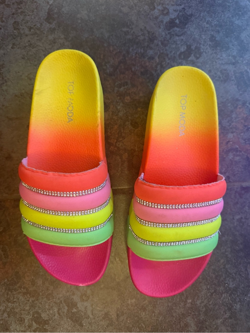 TOP Moda Neon Pink Orange Yellow Green Slide Sandals with Rhinestone Straps